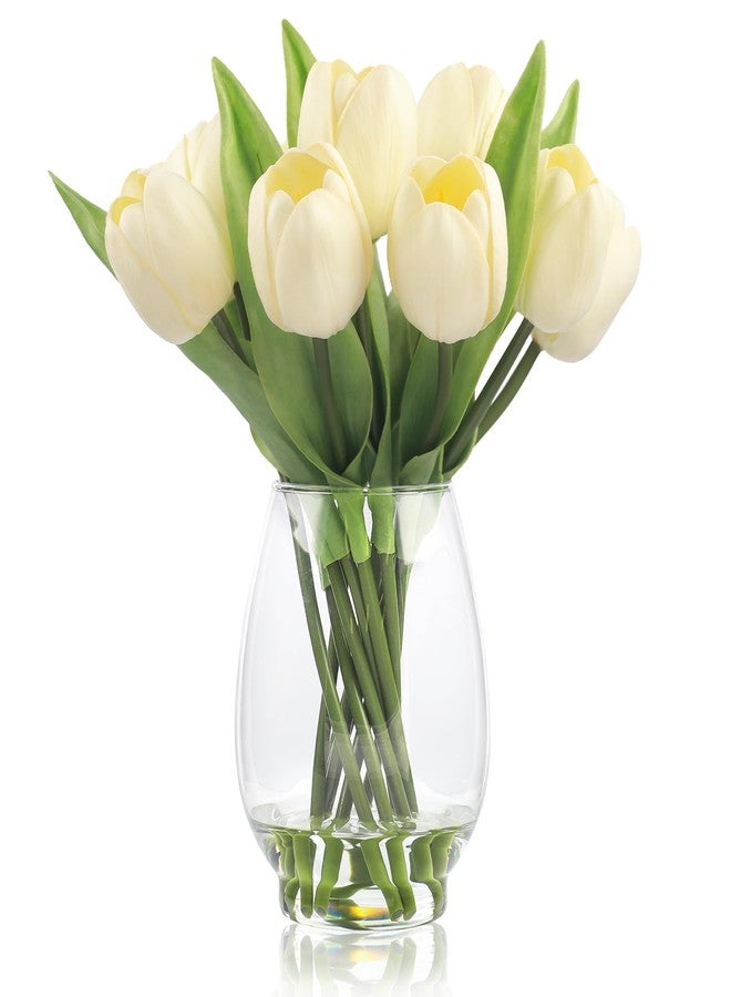 WELL KNOWN 12 Pcs Tulips Artificial Flowers in Vase, Real Touch Tulips with Vase with Upgrate Acrylic Water Flower Arrangements Centerpiece for Dining Room Table Decoration（Cream） - Image 1