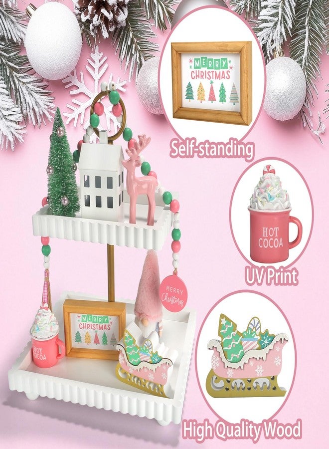 SYNCVIBE Pink Christmas Decorations 8 PCS Tiered Tray Decor Set, Cute Girlie Tabletop Christmas Decor for Home Shelf Mantel Fireplace Office Desk Coffee Bar Pastel Xmas Holiday Table Centerpieces Tray Objects - Image 2