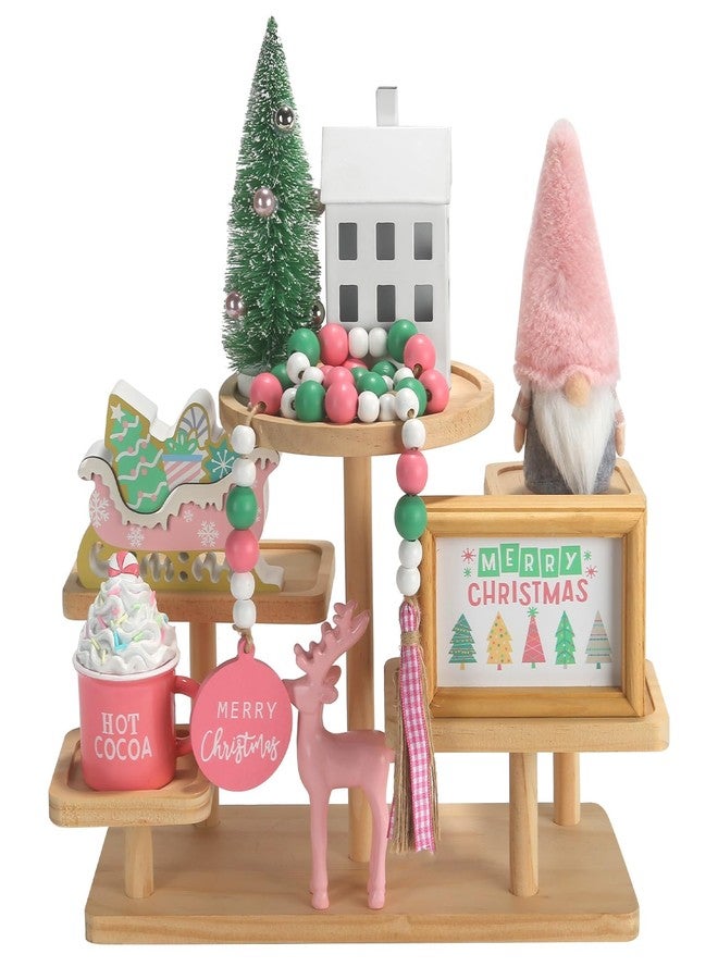 SYNCVIBE Pink Christmas Decorations 8 PCS Tiered Tray Decor Set, Cute Girlie Tabletop Christmas Decor for Home Shelf Mantel Fireplace Office Desk Coffee Bar Pastel Xmas Holiday Table Centerpieces Tray Objects - Image 1