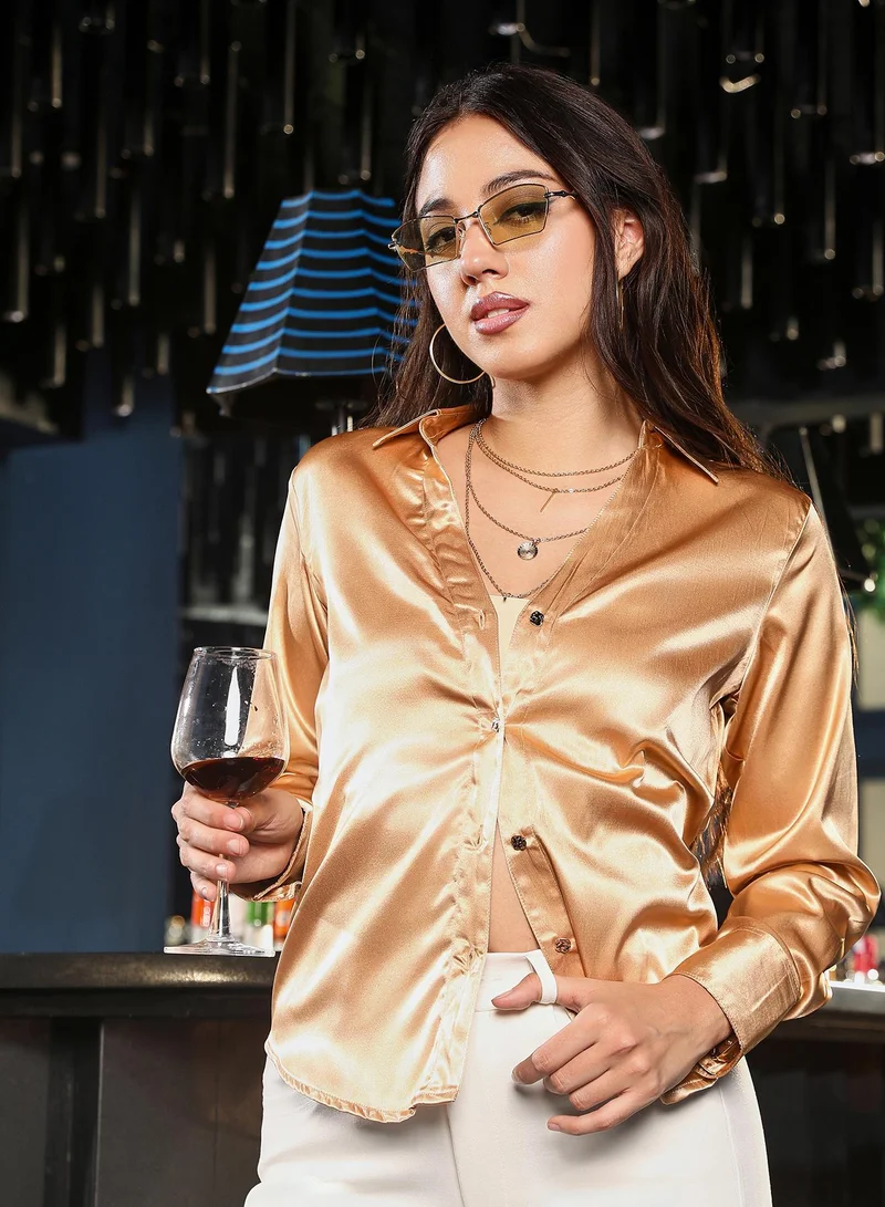 بينيا كولادا Women's Satin Tailored Shirt | Spread Collar , Long Button-Cuff Sleeves, Button Closure | Solid Satin Woven Shirt For Casual & Daily Wear | Sand Beige