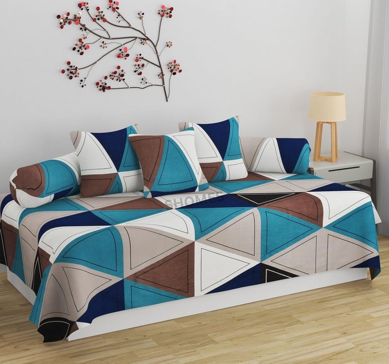 SHOMES 100 Cotton Feel Geometric Printed Diwan Set Covers 6 Pieces 1 Single Bed Sheet 60 X 90 with 3 Cushion 16 X 16 2 Bolster Covers 16 X 32 Multicolor Geometric