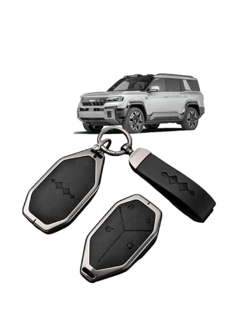 Adando Car Key Fob Cover with Leather Keychain for BYD Fang Cheng Bao Leopard 5/8, Tai 3/Tai, Premium Metallic Alloy Key Case Protector Automotive Accessories（Black） - Image 1