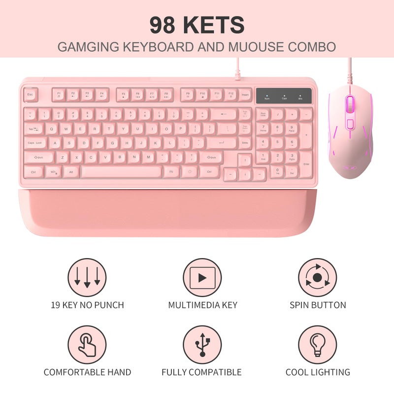 MageGee MageGee Pink Gaming Keyboard and Mouse Combo, GK980 Wired Backlit Keyboard, Adjustable DPI Mouse for PC/Laptop/MAC - Image 2