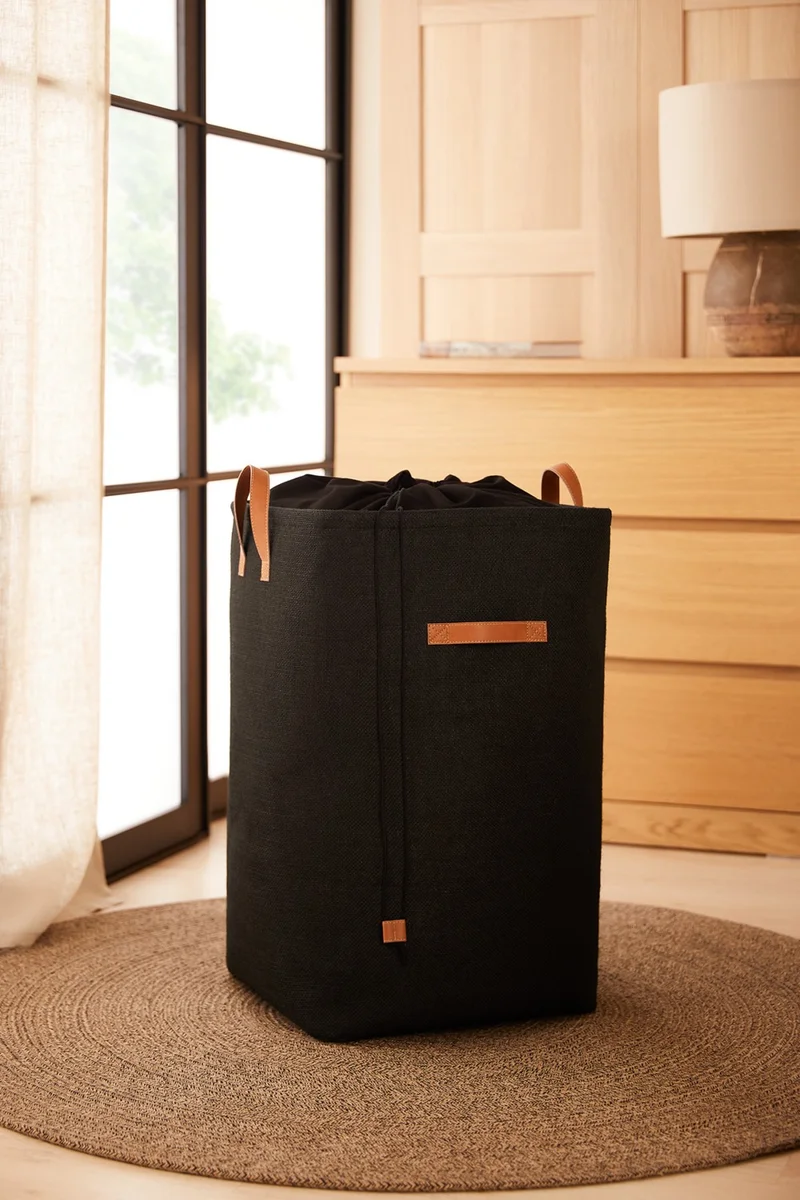 Ocean Home Textile Black Jute Drawstring Folding Dirty Laundry Wardrobe Children's Toy Organizer Storage Basket 36x36x57 cm