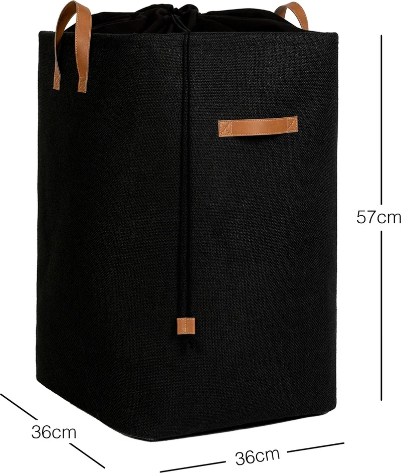 Ocean Home Textile Black Jute Drawstring Folding Dirty Laundry Wardrobe Children's Toy Organizer Storage Basket 36x36x57 cm