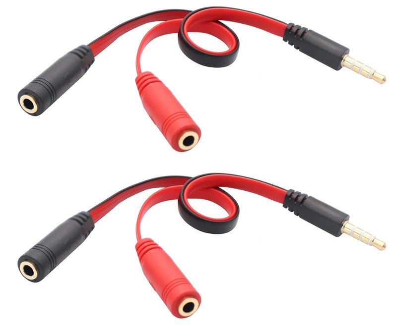 zdyCGTime 20CM/8Inch 4-Pole 3.5mm AUX Male to 2x3.5mm Female Headset Mic & Stereo Y Splitter Cable for PC, Laptop, Smartphone, Gaming Console (2 Pack, Red, Black) - Image 1