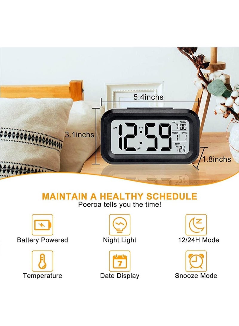 Home Care Digital Alarm Clock, Battery Operated Alarm Clock with Date,Indoor Temperature,Smart Night Light, Easy Operation Electronic Clock for Bedrooms (Black) - Image 2