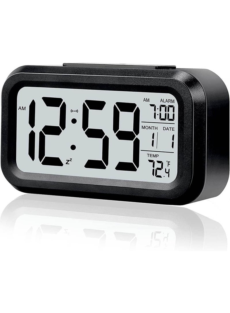 Home Care Digital Alarm Clock, Battery Operated Alarm Clock with Date,Indoor Temperature,Smart Night Light, Easy Operation Electronic Clock for Bedrooms (Black) - Image 1