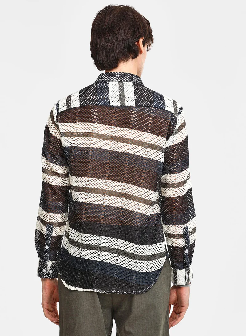 Campus Sutra Men's Navy Blue Contrast Panel Knit Shirt For Casual Wear | Spread Collar | Long Sleeve | Button Closure | Shirt Crafted With Comfort Fit For Everyday Wear