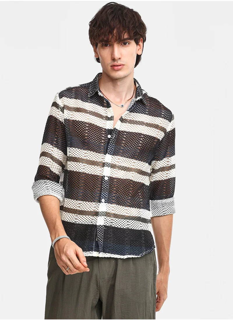 Campus Sutra Men's Navy Blue Contrast Panel Knit Shirt