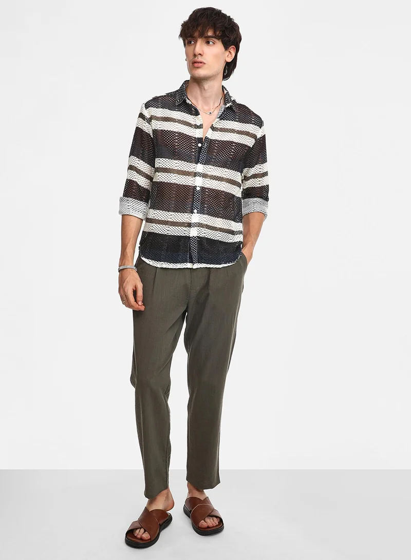 Campus Sutra Men's Navy Blue Contrast Panel Knit Shirt For Casual Wear | Spread Collar | Long Sleeve | Button Closure | Shirt Crafted With Comfort Fit For Everyday Wear