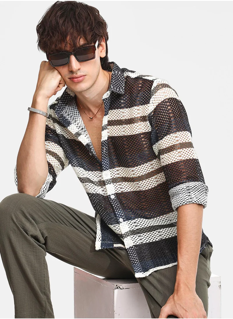 Campus Sutra Men's Navy Blue Contrast Panel Knit Shirt