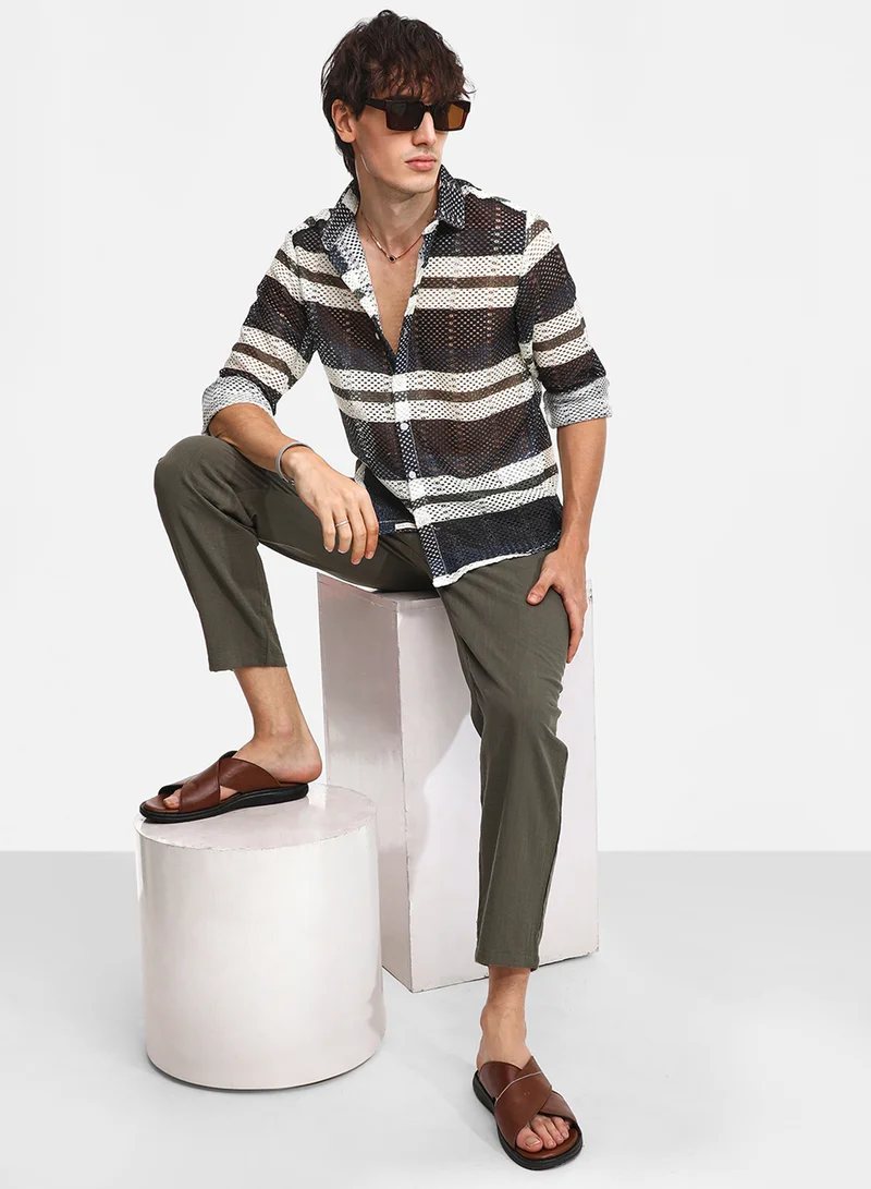 Campus Sutra Men's Navy Blue Contrast Panel Knit Shirt For Casual Wear | Spread Collar | Long Sleeve | Button Closure | Shirt Crafted With Comfort Fit For Everyday Wear