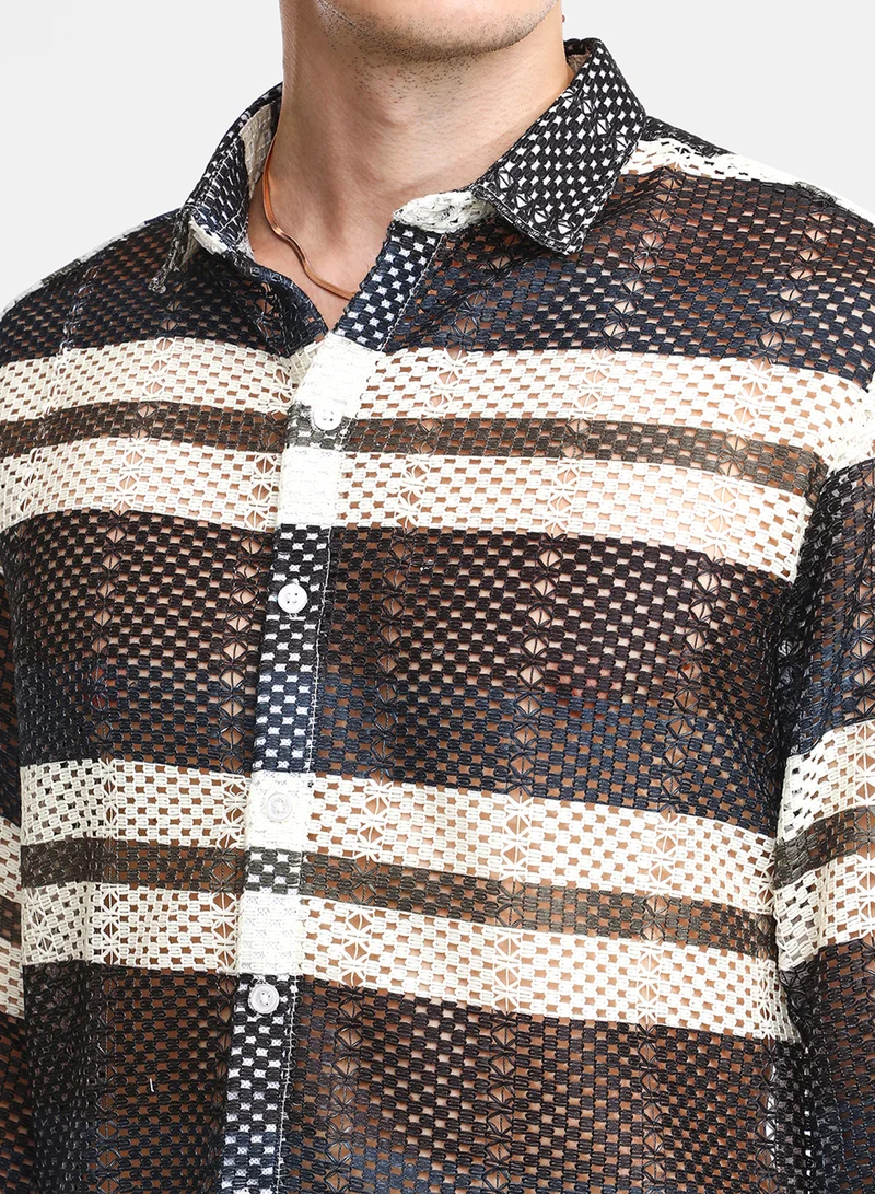 Campus Sutra Men's Navy Blue Contrast Panel Knit Shirt For Casual Wear | Spread Collar | Long Sleeve | Button Closure | Shirt Crafted With Comfort Fit For Everyday Wear