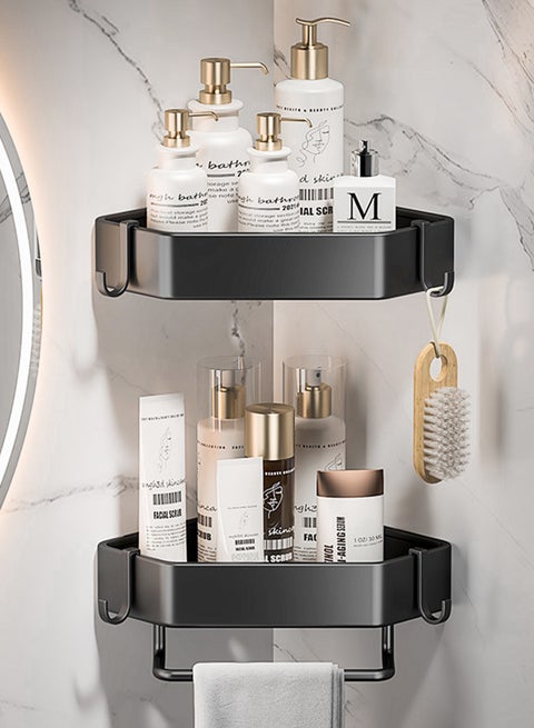 2 Pack Bathroom Shower Shelf with 4 Hooks &Towel Bar, Corner Shower Caddy Shelf Organizer Rack, Rustproof Bathroom Shower Storage Baskets, Wall Organization Storage Shelves Basket for Bathroom