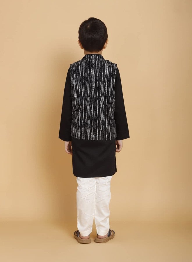 PICCOLO Black Kurta and Pyjama with Jacket Set Cotton Boy's Ethnic Kurta Pyjama Set, 3-4Years - Image 4