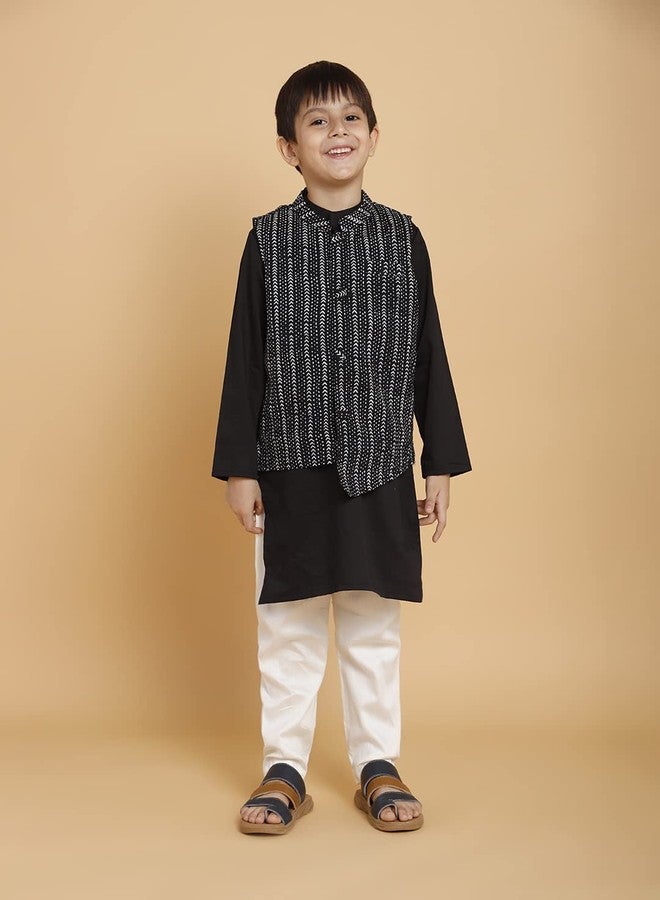 PICCOLO Black Kurta and Pyjama with Jacket Set Cotton Boy's Ethnic Kurta Pyjama Set, 3-4Years - Image 2