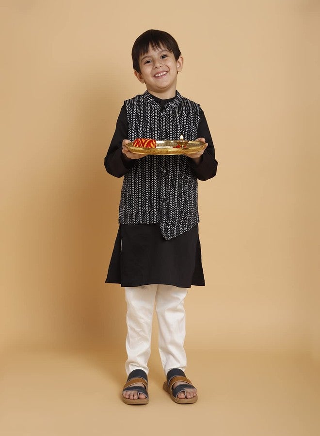 PICCOLO Black Kurta and Pyjama with Jacket Set Cotton Boy's Ethnic Kurta Pyjama Set, 3-4Years - Image 5