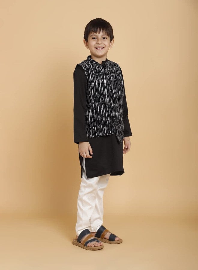 PICCOLO Black Kurta and Pyjama with Jacket Set Cotton Boy's Ethnic Kurta Pyjama Set, 3-4Years - Image 3