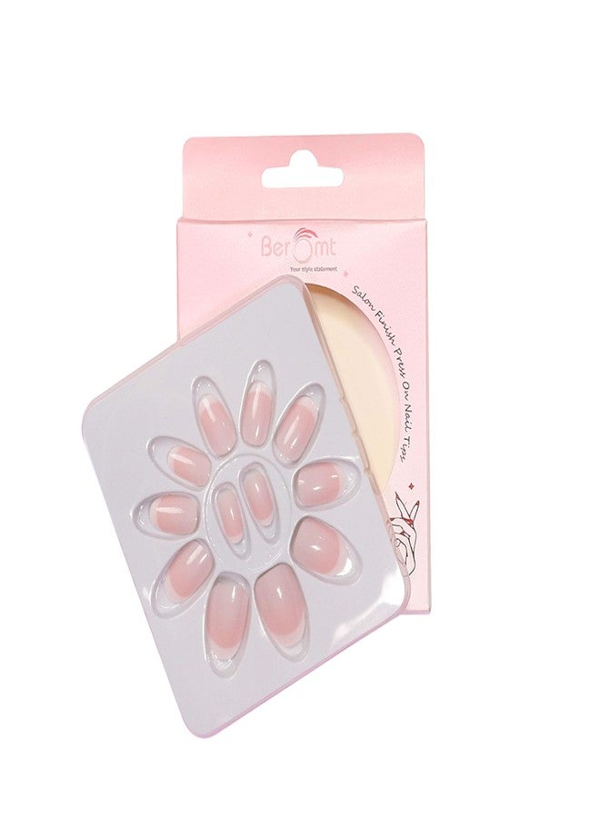 Beromt Reusable False French Beige Nails 12 Pcs Manicure At Home Gel finish French Bridal Nail Art Design Acrylic Full Fake Nail Tips with Glue Tab and Kit- BFN130FN - Image 2