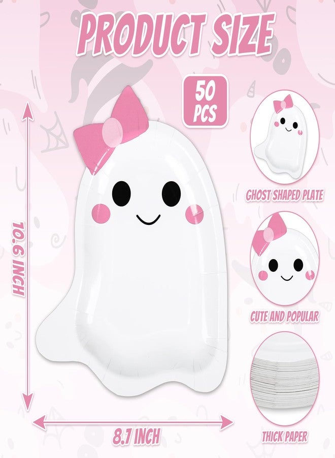 JarThenaAMCS 50Pcs Halloween Paper Plates Pink Bow Ghost Disposable Plate Cute Boo Dinner Plate for Halloween Baby Shower Party Table Decor, 10.6 x 8.7 Inch - Image 2
