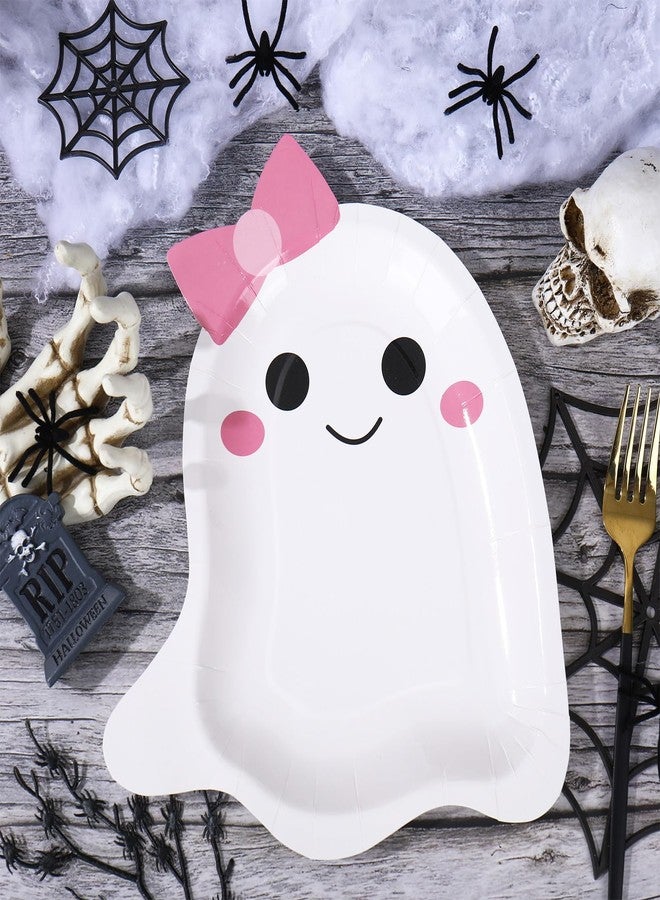 JarThenaAMCS 50Pcs Halloween Paper Plates Pink Bow Ghost Disposable Plate Cute Boo Dinner Plate for Halloween Baby Shower Party Table Decor, 10.6 x 8.7 Inch - Image 3