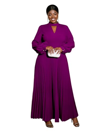 AOMEI Womens Cutout Long Pleated Church Dress Puff Sleeve Stand Collar Casual Dresses for Women Classy PurpleXXLarge