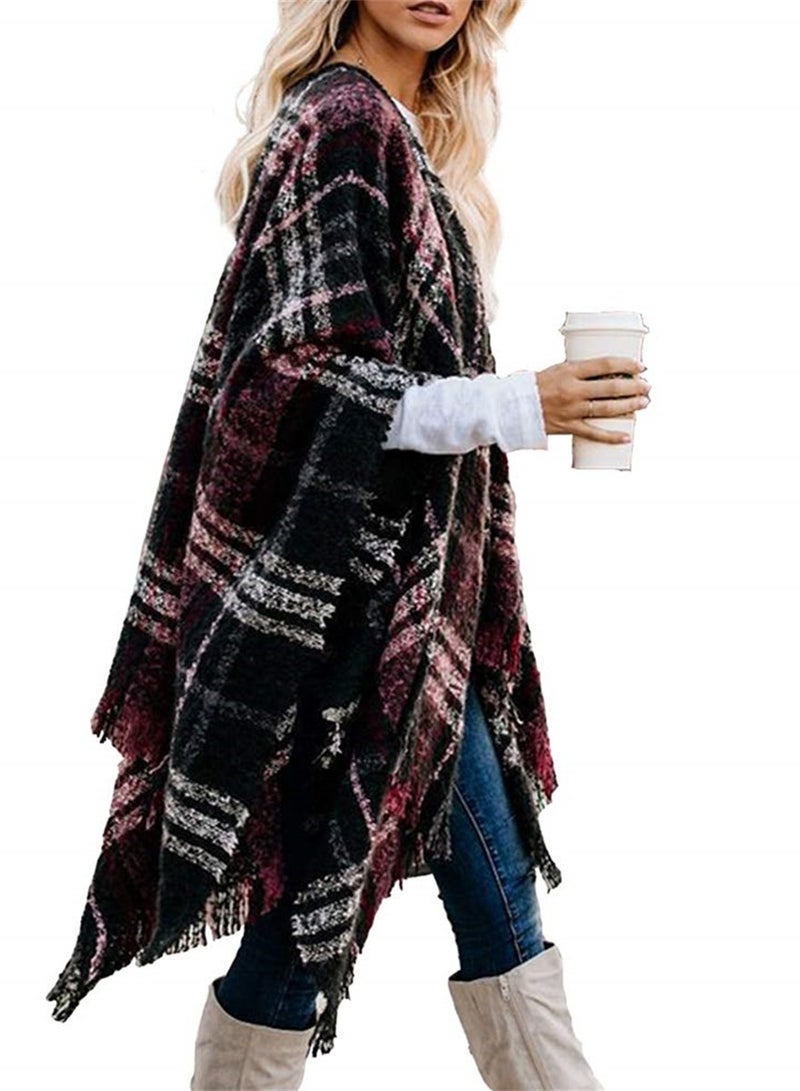 Oversized Boho Buffalo Plaid Cardigan Poncho for Women, Stylish Tassel Shawl Wrap for Fall - Image 1