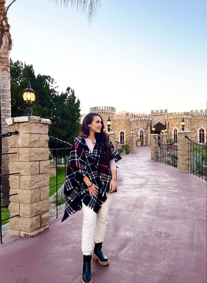 Oversized Boho Buffalo Plaid Cardigan Poncho for Women, Stylish Tassel Shawl Wrap for Fall - Image 3