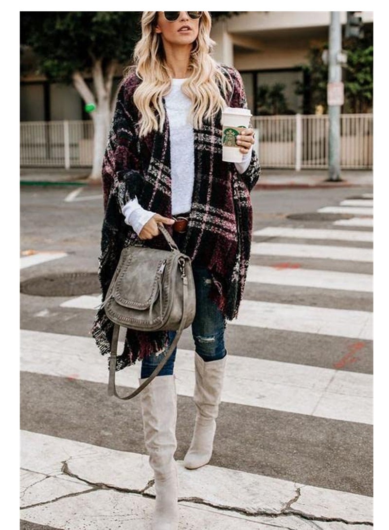 Oversized Boho Buffalo Plaid Cardigan Poncho for Women, Stylish Tassel Shawl Wrap for Fall - Image 5