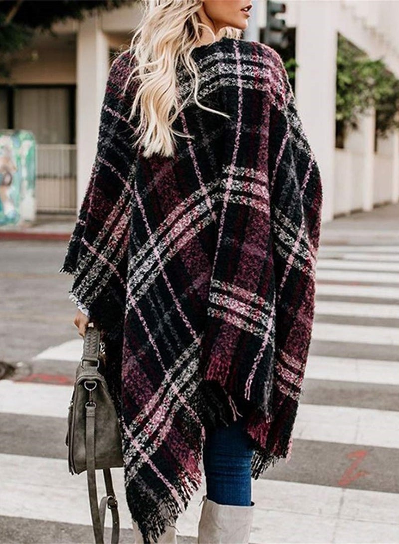 Oversized Boho Buffalo Plaid Cardigan Poncho for Women, Stylish Tassel Shawl Wrap for Fall - Image 4
