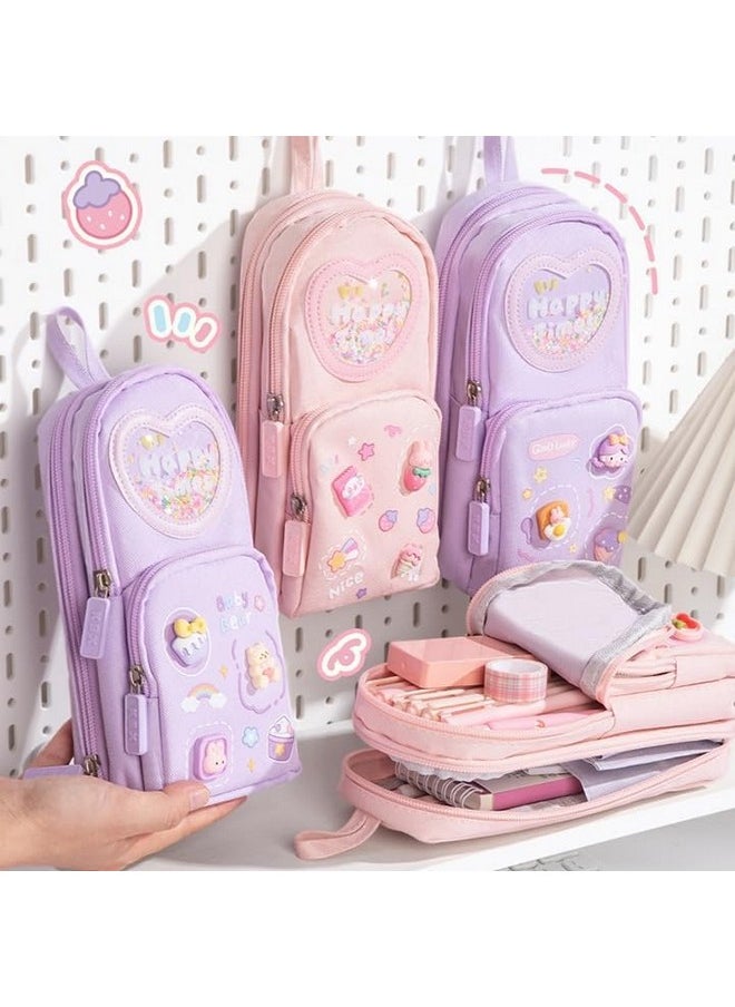 Sky Tech Sky Tech® Pencil Case for Girls 3 Compartment Cute Aesthetic Canvas Pencil Case Large Capacity Pen Pencil Pouch Multifunctional Pouch for School Kids College Students Cute Stationary Gift for Children  - Image 2