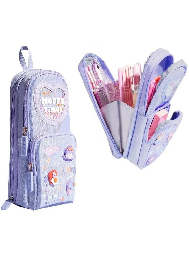 Sky Tech Sky Tech® Pencil Case for Girls 3 Compartment Cute Aesthetic Canvas Pencil Case Large Capacity Pen Pencil Pouch Multifunctional Pouch for School Kids College Students Cute Stationary Gift for Children  - Image 1
