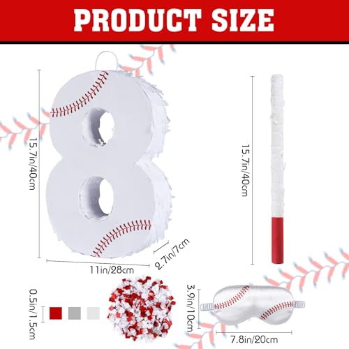 Lcoor Baseball Birthday Decorations Baseball Number 8 Piata with Blindfold Stick Blindfold Confetti for Baseball Pinata Sports Theme 8th Birthday Party Supplies 8TH - Image 5