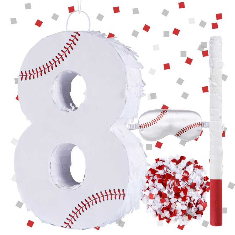 Lcoor Baseball Birthday Decorations Baseball Number 8 Piata with Blindfold Stick Blindfold Confetti for Baseball Pinata Sports Theme 8th Birthday Party Supplies 8TH - Image 3