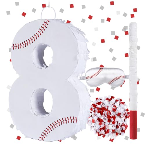 Lcoor Baseball Birthday Decorations Baseball Number 8 Piata with Blindfold Stick Blindfold Confetti for Baseball Pinata Sports Theme 8th Birthday Party Supplies 8TH - Image 1