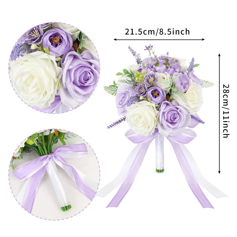 SEMONONIA Bride Bouquets for Wedding 8.5 Inch Lilac Artificial Rose Flower Bridal Bouquets for Bride Wedding Bridesmaid Marriage Proposal Party Anniversary Church Decoration - Image 3