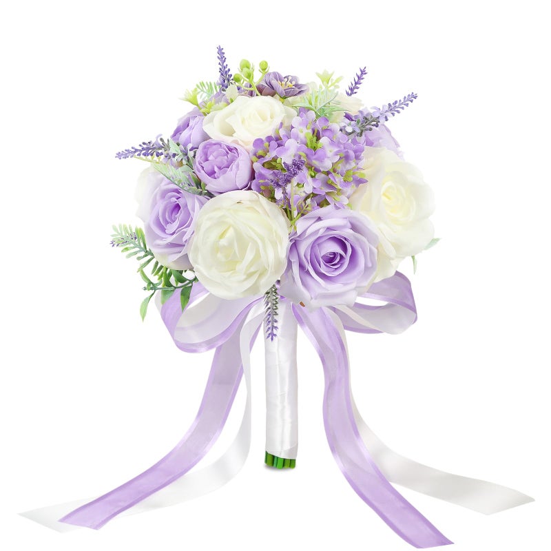 SEMONONIA Bride Bouquets for Wedding 8.5 Inch Lilac Artificial Rose Flower Bridal Bouquets for Bride Wedding Bridesmaid Marriage Proposal Party Anniversary Church Decoration - Image 1