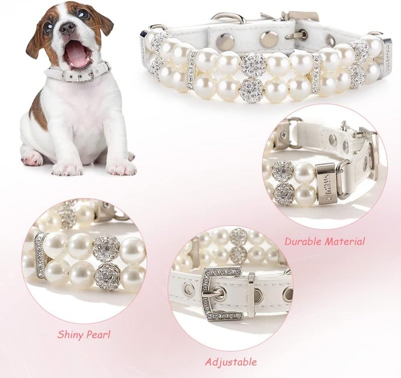HOWWFALY Pearl Dog Collar with Bling Crystal Rhinestone Cat Collars Pearl Necklace PU Leather Adjustable Collar Leash Rope Dog Chain Cat Black Pearl Pet Collar (White, Small) - Image 4