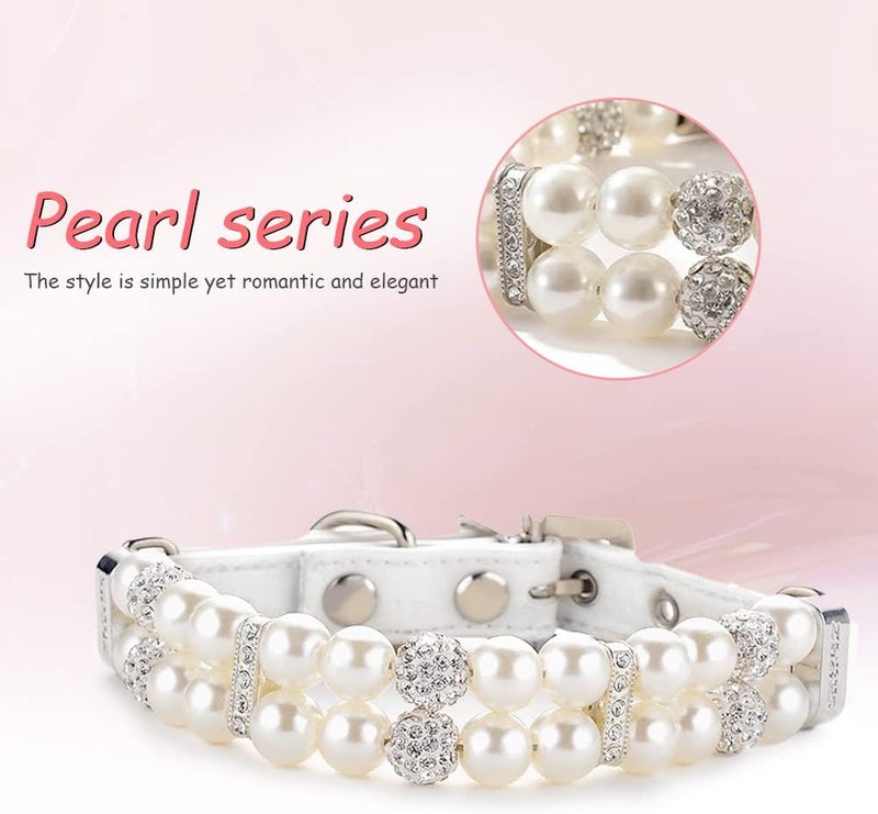 HOWWFALY Pearl Dog Collar with Bling Crystal Rhinestone Cat Collars Pearl Necklace PU Leather Adjustable Collar Leash Rope Dog Chain Cat Black Pearl Pet Collar (White, Small) - Image 3