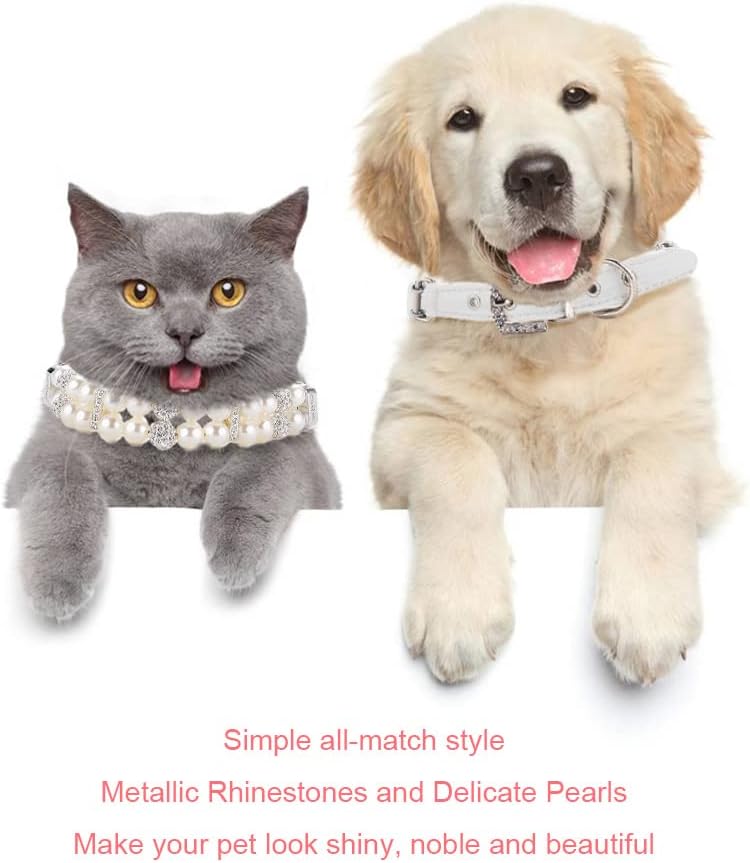 HOWWFALY Pearl Dog Collar with Bling Crystal Rhinestone Cat Collars Pearl Necklace PU Leather Adjustable Collar Leash Rope Dog Chain Cat Black Pearl Pet Collar (White, Small) - Image 5