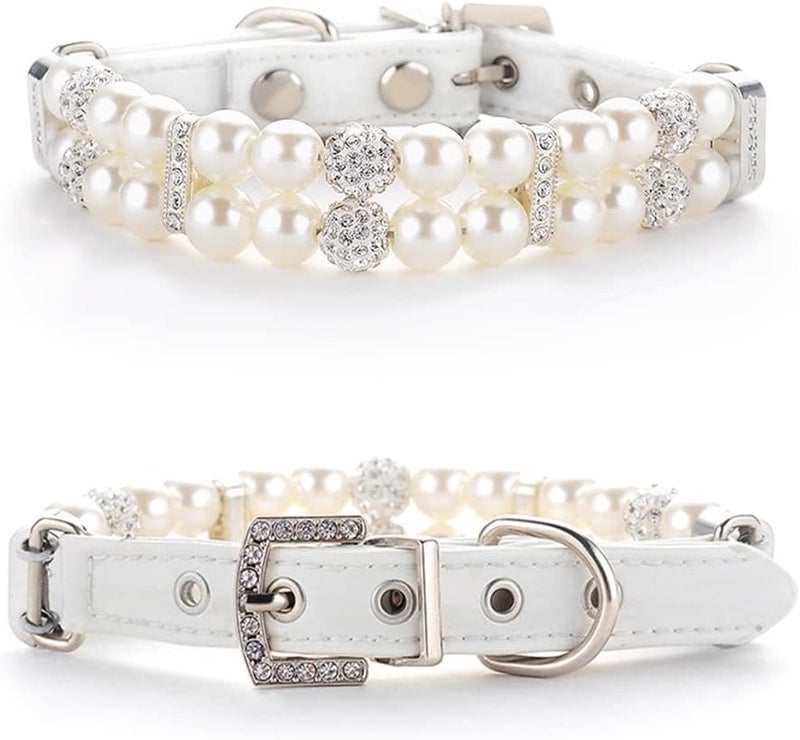 HOWWFALY Pearl Dog Collar with Bling Crystal Rhinestone Cat Collars Pearl Necklace PU Leather Adjustable Collar Leash Rope Dog Chain Cat Black Pearl Pet Collar (White, Small) - Image 1