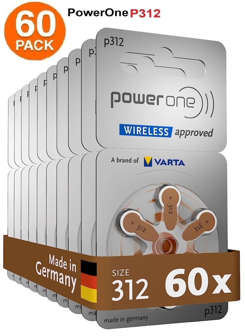 Power One 1.45V Original High Level Hearing Aid Batteries PowerOne P312 Pack Of 60 Pieces (German)  - Image 1