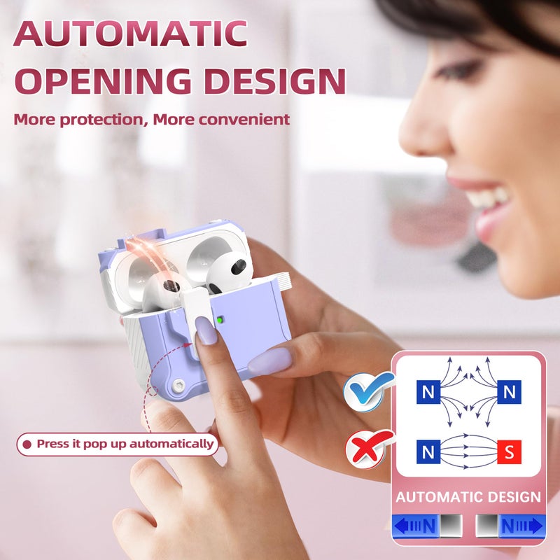 R-fun for AirPods 3rd Generation 2021 Charging Case Cover, Full Drop Protection Auto Pop-Up Lid Design for Apple Airpod 3 Gen Case with Cleaner Kit & Keychain,White/Lavender - Image 4
