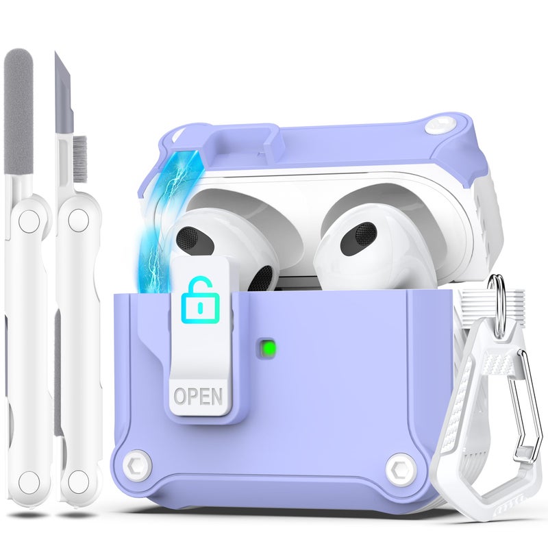 R-fun for AirPods 3rd Generation 2021 Charging Case Cover, Full Drop Protection Auto Pop-Up Lid Design for Apple Airpod 3 Gen Case with Cleaner Kit & Keychain,White/Lavender - Image 1