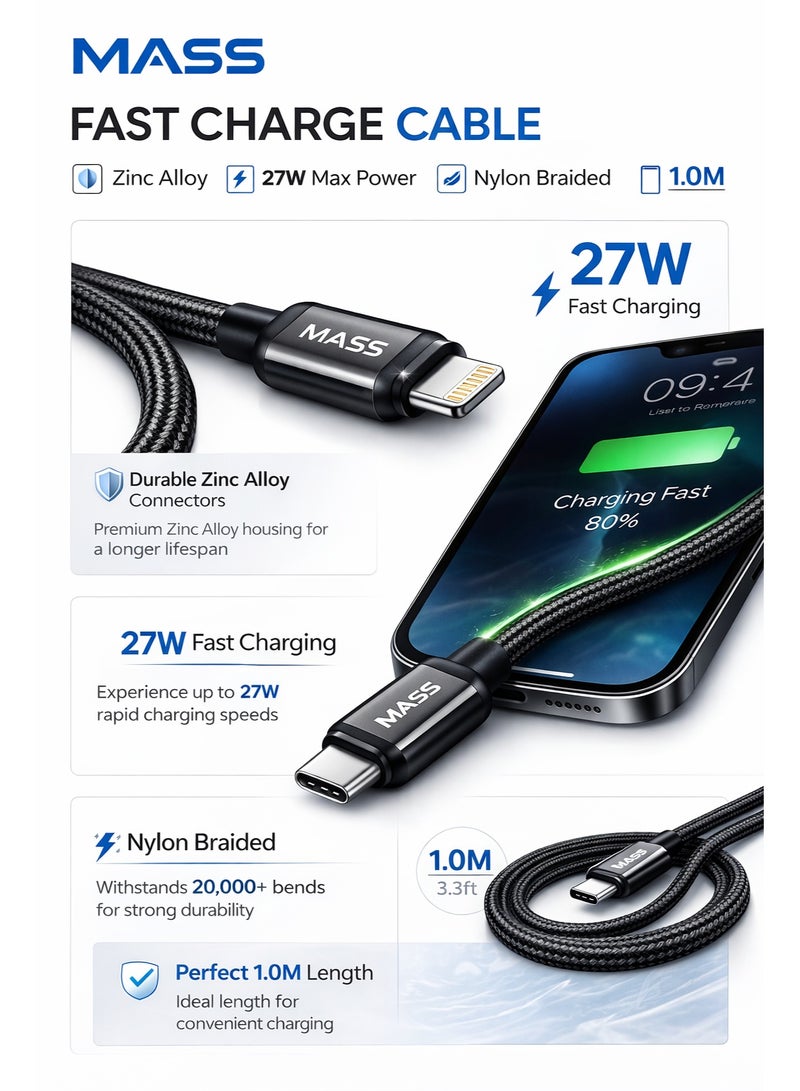ماس كابل شحن سريع  27 واط MASS، (USB-C إلى Lightning)، طول 1 متر، موديل: MA-10، غلاف من سبائك الزنك المقاومة، نقل بيانات عالي الكفاءة بسرعة 480 ميجابت في الثانية - ضمان محلي لمدة عام - Image 3