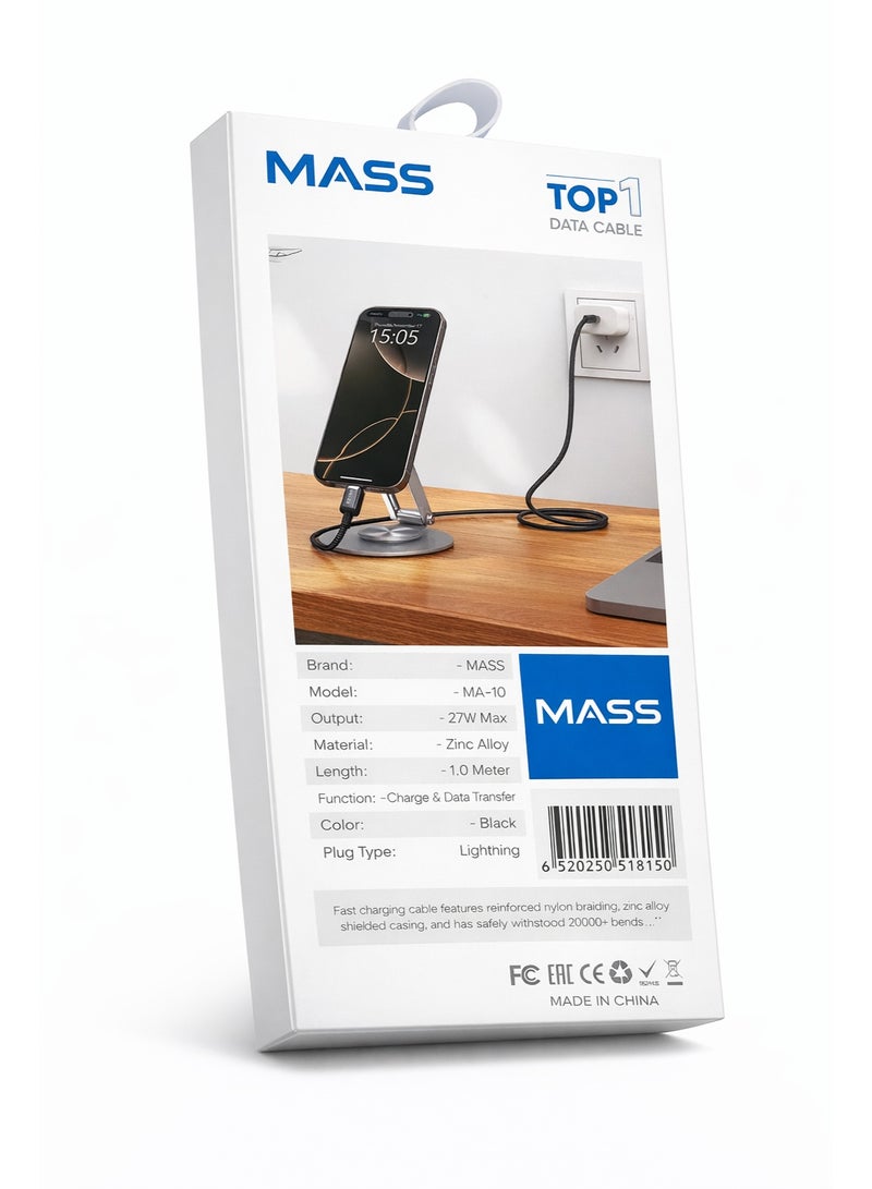 ماس كابل شحن سريع  27 واط MASS، (USB-C إلى Lightning)، طول 1 متر، موديل: MA-10، غلاف من سبائك الزنك المقاومة، نقل بيانات عالي الكفاءة بسرعة 480 ميجابت في الثانية - ضمان محلي لمدة عام - Image 2