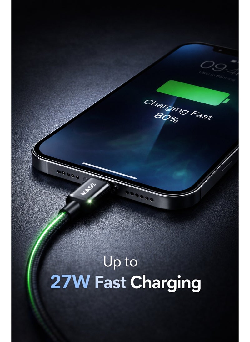 ماس كابل شحن سريع  27 واط MASS، (USB-C إلى Lightning)، طول 1 متر، موديل: MA-10، غلاف من سبائك الزنك المقاومة، نقل بيانات عالي الكفاءة بسرعة 480 ميجابت في الثانية - ضمان محلي لمدة عام - Image 5