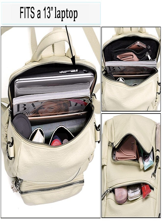 يو تي أوه حقيبة ظهر نسائية من UTO، مصنوعة من الجلد الصناعي المغسول، قابلة للتحويل، مزينة بشرابة وجيب بسحاب، لون كريمي - متوسط - أبيض كريمي - Image 4