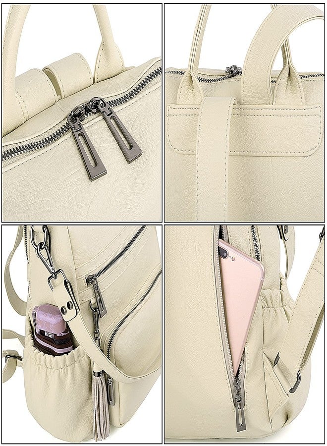 يو تي أوه حقيبة ظهر نسائية من UTO، مصنوعة من الجلد الصناعي المغسول، قابلة للتحويل، مزينة بشرابة وجيب بسحاب، لون كريمي - متوسط - أبيض كريمي - Image 5
